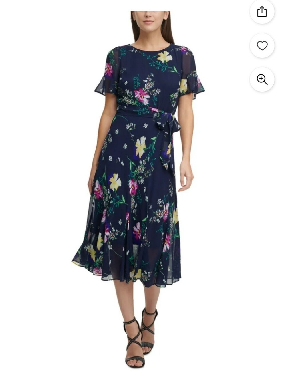DKNY Floral Wrap Midi Dress in Navy